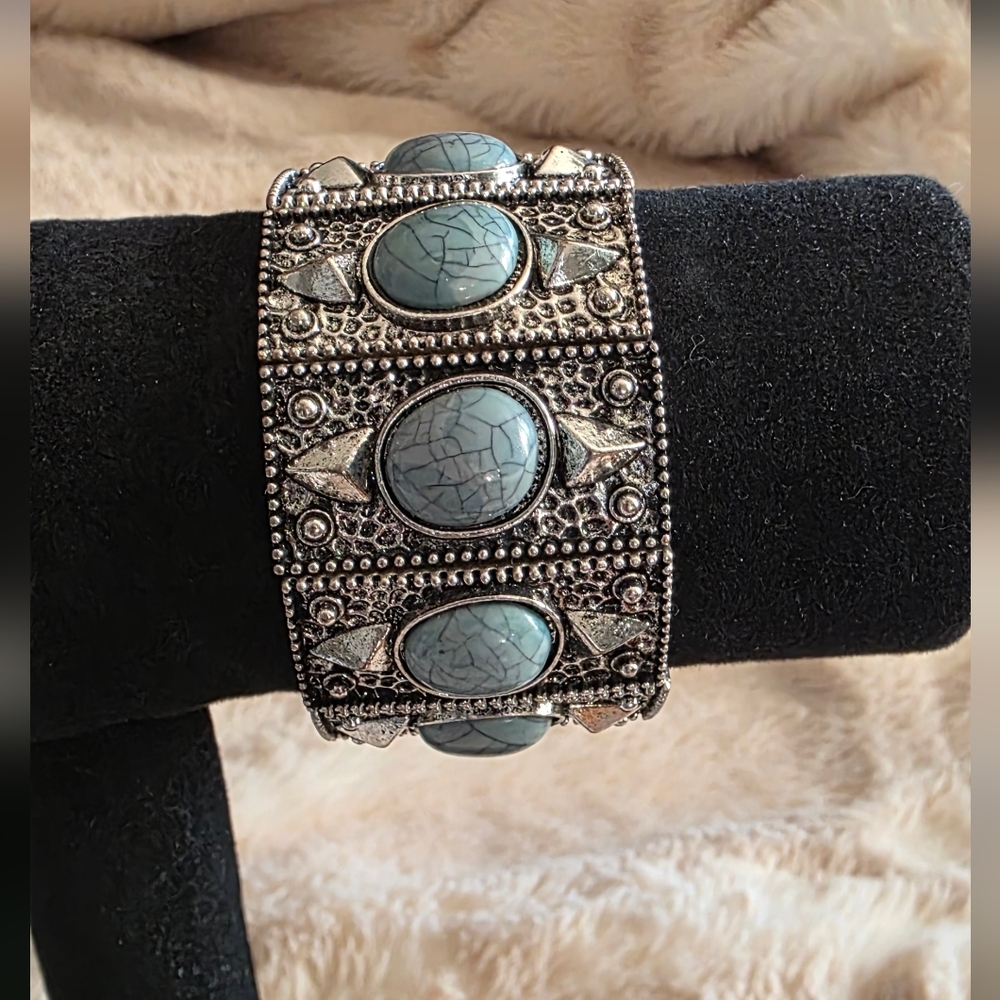 Edgy Boho Statement Cuff | Silver & Faux Turquoise
